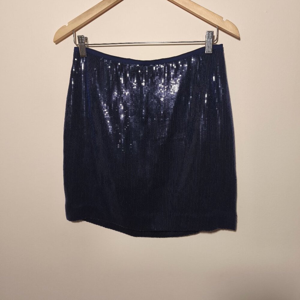 Lafayette 148 100% Silk Sequin Mini Skirt sz 4 Navy Glam Party Statement Lux